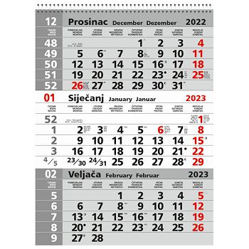 Kalendar zidni trodijelni 2023. sa spiralom sivi