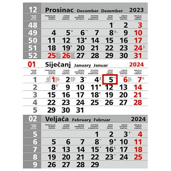 Kalendar zidni trodijelni sivi nespiralirani