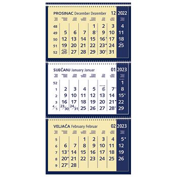 Kalendar zidni trodijelni 2023. s 3 spirale plavi