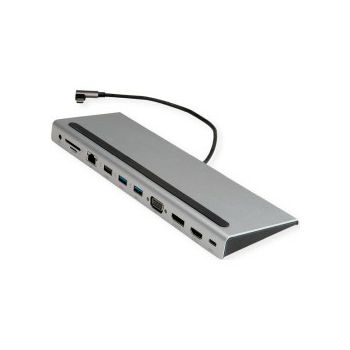 Roline USB-C Multiport Docking Station, 4K HDMI/DP, VGA, 2× USB3.2, 1× USB2.0, 1× SD/Micro SD čitač kartica, 1× USB-C PD, 1× G-LAN, 1×3.5mm