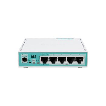 Mikrotik hEX refresh, 950 MHz CPU, 512MB RAM, 5×LAN, USB-A, POE support, RouterOSv7, metalno kućište, PSU