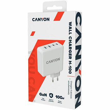 CANYON H-100, GAN 100W charger  Input:  100V-240V Output: USB-C1/C2: 5V 3A , 9V 3A , 12V 3A , 15V 3A , 20V 5A  USB-A 1/A2: 4.5V/5A, 5V/4.5A, 9V/3A, 12V/2.5A,  20V/1.5A  C1+C2 : 65W + 30W； C1+A1 : 65W 