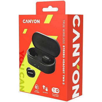 Canyon TWS Bluetooth sport headset, with microphone, BT V5.0, RTL8763BFR, battery EarBud 43mAh*2+Charging Case 800mAh, cable length 0.18m, 78*38*32mm, 0.063kg, Black