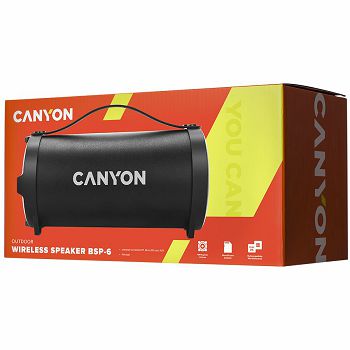 Canyon Bluetooth Speaker, BT V4.2, Jieli AC6905A, TF card support, 3.5mm AUX, micro-USB port, 1500mAh polymer battery, Black, cable length 0.6m, 242*118*118mm, 0.834kg