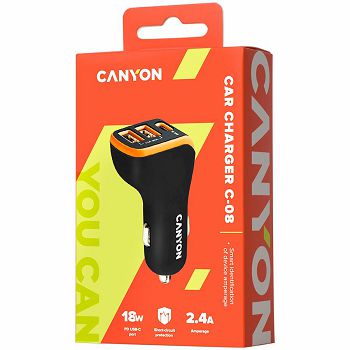 CANYON C-08, Universal 3xUSB car adapter, Input 12V-24V, Output DC USB-A 5V/2.4A(Max) + Type-C PD 18W, with Smart IC, Black+Orange with rubber coating, 71*39*26.2mm, 0.028kg