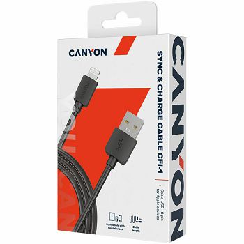 CANYON Lightning USB Cable for Apple, round, 1M, Black