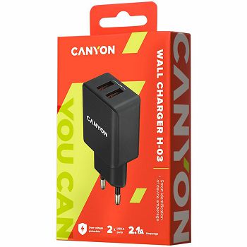 CANYON H-03 Universal 2xUSB AC charger (in wall) with over-voltage protection, Input 100V-240V, Output 5V-2.1A, with Smart IC, black rubber coating with side parts+glossy with other parts, 80*42.5*23.