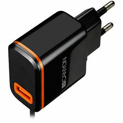 CANYON Universal 1xUSB AC charger (in wall) with over-voltage protection, plus Type C USB connector, Input 100V-240V, Output 5V-2.1A, with Smart IC, black (orange stripe)​, cable length 1m, 81*47.2*27