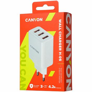 CANYON H-05 Universal 3xUSB AC charger (in wall) with over-voltage protection, Input 100V-240V, Output 5V-4.2A, with Smart IC, white glossy color+ orange plastic part of USB, 89*46.3*27.2mm, 0.063kg