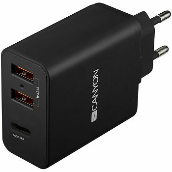 CANYON H-08 Universal 3xUSB AC charger (in wall) with over-voltage protection(1 USB-C with PD Quick Charger), Input 100V-240V, Output USB-A/5V-2.4A+USB-C/PD30W, with Smart IC, Black Glossy Color+orang