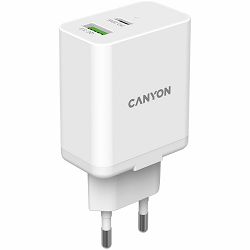 Canyon, PD 20W/QC3.0 18W WALL Charger with 1-USB A+ 1-USB-C   Input: 100V-240V, Output: 1 port charge: USB-C:PD 20W (5V3A/9V2.22A/12V1.67A) , USB-A:QC3.0 18W (5V3A/9V2.0A/12V1.5A), 2 port charge: comm