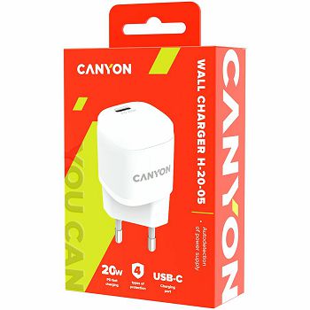 CANYON H-20-05, PD 20W Input: 100V-240V, Output: 1 port charge: USB-C:PD 20W (5V3A/9V2.22A/12V1.66A) , Eu plug, Over- Voltage ,  over-heated, over-current and short circuit protection Compliant with C