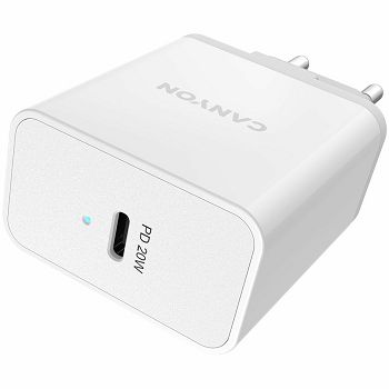 Canyon, PD WALL Charger, Input: 110V-240V, Output:PD 20W, Eu plug, Over-load,  over-heated, over-current and short circuit protection Compliant with CE RoHs,ERP. Size: 89*46*26.5mm, 52g, White