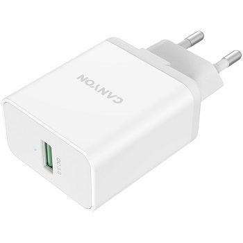 Canyon, Wall charger with 1*USB, QC3.0 24W, Input: 100V-240V, Output: DC 5V/3A,9V/2.67A,12V/2A, Eu plug, Over-load,  over-heated, over-current and short circuit protection, CE, RoHS ,ERP. Size:89*46*2
