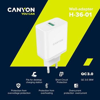 CANYON H-36-01, QC3.0 36W WALL Charger with 1-USB A   Input: 100V-240V, Output:  USB-A:QC3.0 36W (5V3A/9V3.0A/12V3.0A),  Eu plug  , Over- Voltage ,  over-heated, over-current and short circuit protect