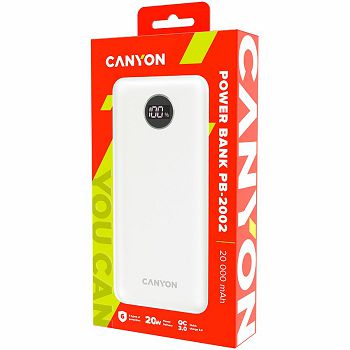 CANYON  PB-2002 Power bank 20000mAh Li-poly battery, Input Type-C 5V3A,9V2A,18W  , Output Type-C：5V3A,9V2.2A,12V1.5A,20W, Output USBA1/USBA2：5V3A,5V/4.5A,4.5V/5A,9V2A,12V1.5A,22.5W147.5*69*28.6mm, 0.4