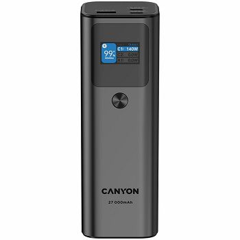 CANYON PB-2010, allowed for air travel power bank 27000mAh/97.2Wh Li-poly battery, in/out:2xUSB-C PD3.1 140W, out:USB-A QC 3.0 22.5W,TFT display,Dark Grey