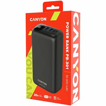 CANYON Power bank 30000mAh Li-poly battery, Input Micro: DC5V/2A, 9V/2A Input Type c PD :DC5V/3A, 9V/2A Output Type C PD:5V/3A,9V/2.2A,12V/1.5AOutput USB A1+USBA 2: 5V3A,5V/4.5A,4.5V/5A,9V2A,12V1.5A,2