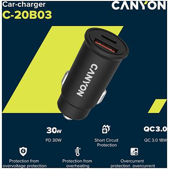 CANYON С-20B03, PD 30W/QC3.0 18W Pocket size car charger with 1-USB A+ 1-USB-C Input: DC12V-24V, Output: USBC: PD30W( 5V3A/9V3A/12V2.5A/15V2A/20V1.5A),USB-A:QC3.0 18W (5V3A