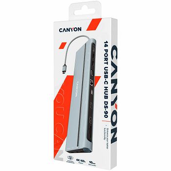 Canyon 14 in 1 hub, with Type C female *2,Type C male *1:max 10Gbps,USBA*3:max 10Gbps,DP*1，VGA*1,SD card slot*1,TF card slot*1,Audio 3.5 audio*1,HDMI*2,RJ45*1,cable length 0.20m,Aluminum alloy housing