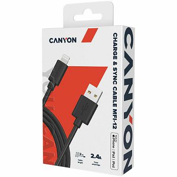 CANYON MFI C48 Lightning USB Cable for Apple (C48), round, PVC, 2M, OD:4.0mm, Power+signal wire: 21AWG*2C+28AWG*2C,  Data transfer speed:26MB/s, Black.  With shield , with CANYON logo and CANYON packa