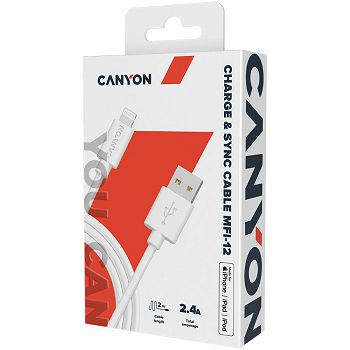 CANYON MFI C48 Lightning USB Cable for Apple , round, PVC, 2M, OD:4.0mm, Power+signal wire: 21AWG*2C+28AWG*2C,  Data transfer speed:26MB/s, White.  With shield , with CANYON logo and CANYON package.  