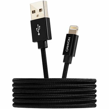 CANYON Charge & Sync MFI braided cable with metalic shell, USB to lightning, certified by Apple, cable length 1m, OD2.8mm, Black