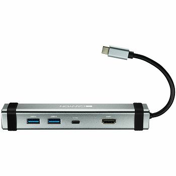 CANYON DS-3 Multiport Docking Station with 4 ports:1*Type C male+1*Type C female+2*USB3.0+1*HDMI, Input 100-240V, Output USB-C PD 5-20V/3A&USB-A 5V/1A, cabel 0.12m, Space grey, 150.8*33.7*24mm, 0.112k