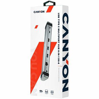 CANYON DS-6 Multiport Docking Station with 7 ports: 2*Type C+1*HDMI+2*USB3.0+1*RJ45+1*audio 3.5mm, Input 100-240V, Output USB-C PD 5-20V/3A&USB-A 5V/1A, with type c to type c cabel 0.3m, Space gray, 2