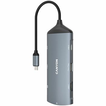 CANYON 8 in 1 hub, with 1*HDMI,1*Gigabit Ethernet,1*USB C female:PD3.0 support max60W,1*USB C male :PD3.0 support max100W,2*USB3.1:support max 5Gbps,1*USB2.0:support max 480Mbps, 1*SD, cable 15cm, Alu