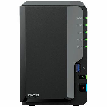 Synology DS225+, Tower, 2-bays 3.5 SATA HDD/SSD, CPU Inte Celeron J4125 4-core (4-thread) 2.0 GHz, burst up to 2.7 GHz, 2 GB DDR4 non-ECC (expandable up to 6 GB), 1xRJ-45 1GbE LAN, 1xRJ-45 2.5 GbE L