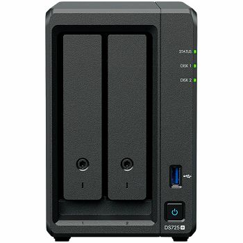 Synology DS725+, Tower, 2-Bays 3.5 SATA HDD/SSD, 2 x M.2 2280 NVMe SSD, CPU AMD Ryzen R1600 dual-core (4-thread), max. boost up to 3.1 GHz, 4 GB DDR4 ECC SODIMM, 1 x 2.5 GbE, 1 x 1GbE, 1 x USB 3.2, 