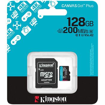 KINGSTON 128GB microSDXC Canvas Go Plus Gen4 200MB/s A2 U3 V30 Card + Adapter