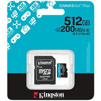 KINGSTON 512GB microSDXC Canvas Go Plus Gen4 200MB/s A2 U3 V30 Card + Adapter
