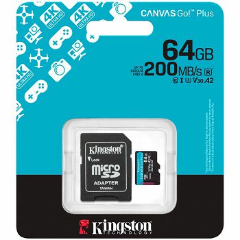 KINGSTON 64GB microSDXC Canvas Go Plus Gen4 200MB/s A2 U3 V30 Card + Adapter