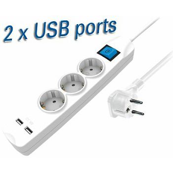 Transmedia 3-way power strip with two USB charging ports, 1,5m white