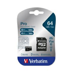 Verbatim memorijska kartica Micro SD Pro (XC/UHS1) 64GB Class 10 Card + adapter (Read up to 90MB/s)