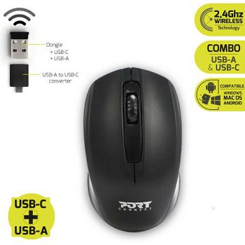 Port miš BUDGET bežični, USB-C &amp; USB-A, crni