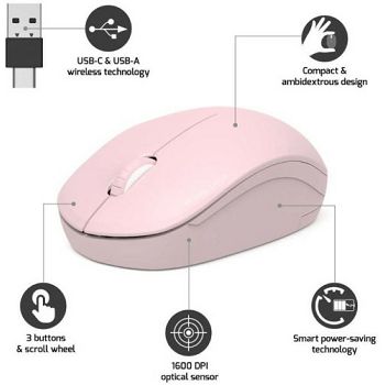 Port miš OFFICE bežični USB-A/USB-C, roza