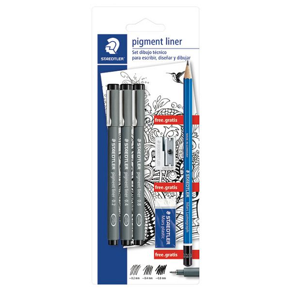 Set flomaster liner pigment pk3+olovka grafitna+šiljilo+gumica Design Journey Staedtler 308 SBK3P