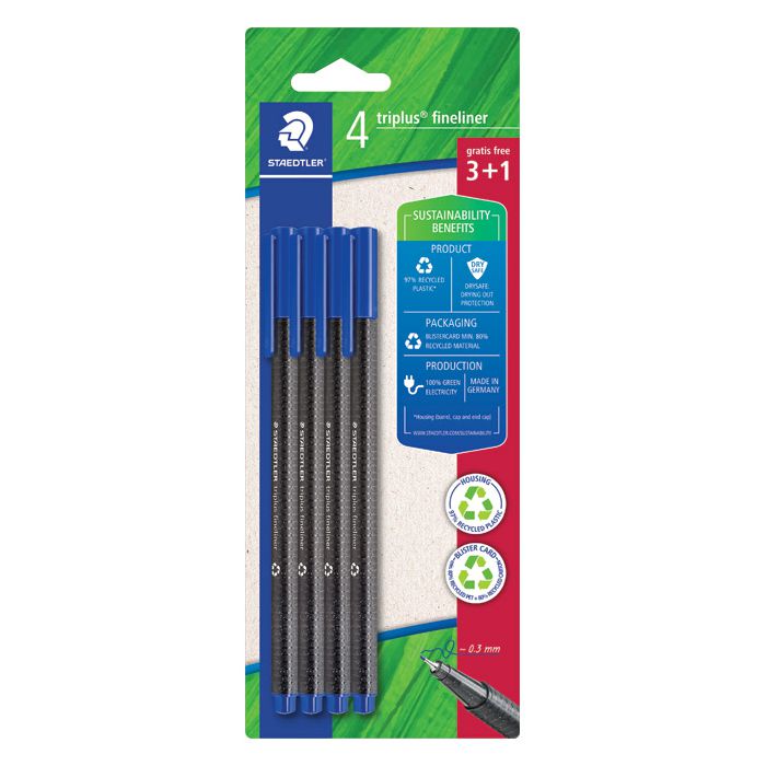 Flomaster fineliner 0,3mm pk3+1 gratis reciklirani Triplus Staedtler 334 R-3BK4 plavi