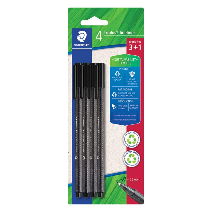 Flomaster fineliner 0,3mm pk3+1 gratis reciklirani Triplus Staedtler 334 R-9BK4 crni
