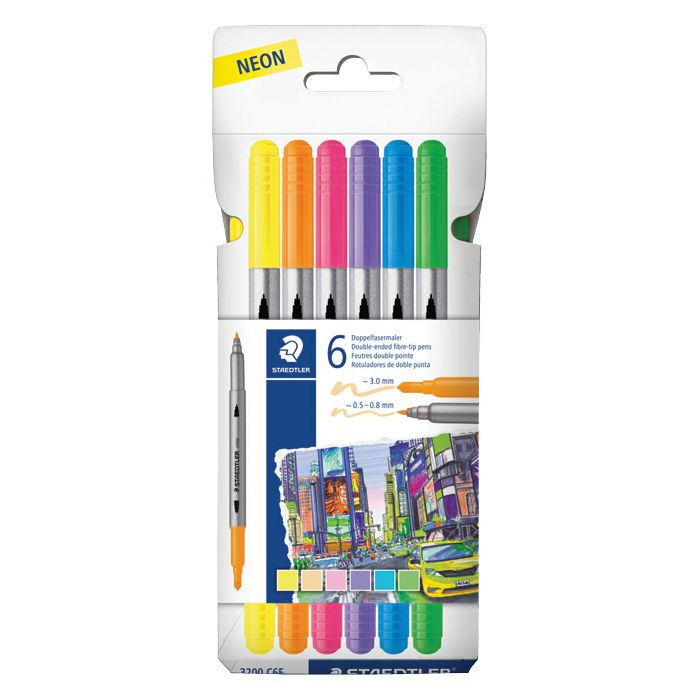 Flomaster 6boja neon obostrani s 2 vrha Design Journey Staedtler 3200 C6F blister