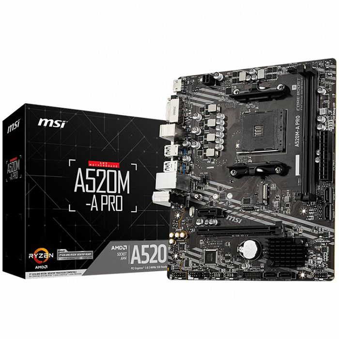 MSI Main Board Desktop A520M-A PRO (A520, AM4, 2xDDR4, 1x PCI-E 3.0 x16 slot,1x M.2 slot,4x USB 3.2 Gen1,2x USB 2.0,1x HDMI,1x DVI-D,Gigabit LAN,7.1 HD Audio, mATX, Retail)