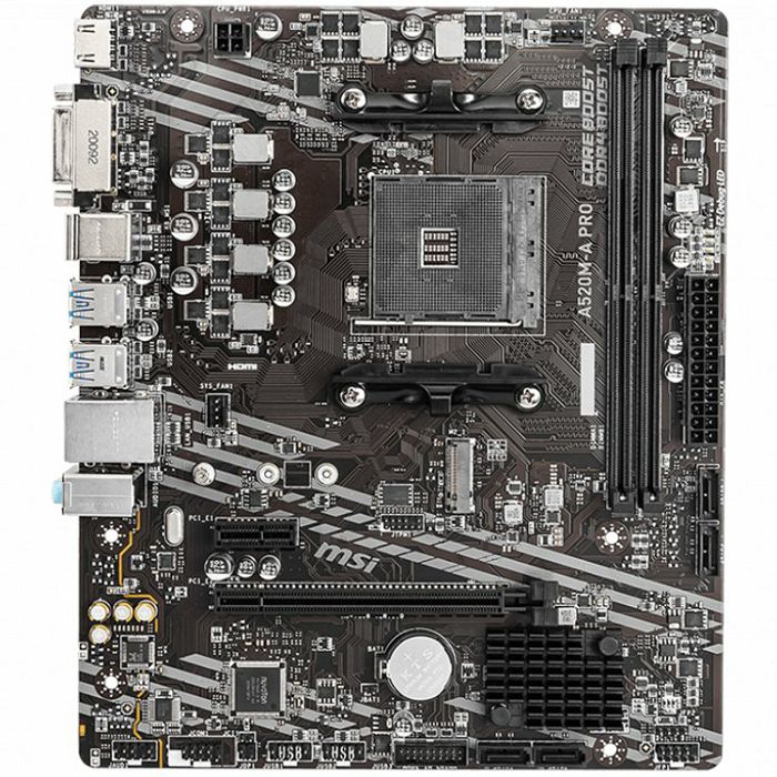 MSI Main Board Desktop A520M-A PRO (A520, AM4, 2xDDR4, 1x PCI-E 3.0 x16 slot,1x M.2 slot,4x USB 3.2 Gen1,2x USB 2.0,1x HDMI,1x DVI-D,Gigabit LAN,7.1 HD Audio, mATX, Retail)