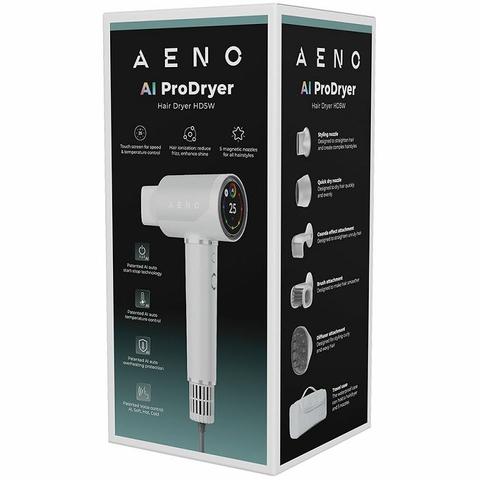 High Speed Hair Dryer, White, 220V-240V~50-60Hz, 1500W, Voice Control, Ionizer, Touch LCD, Infrared Nursing, Infrared Distance Protection, AI Control, Gravity Sensor 110000RPM, Noise less than 67dB