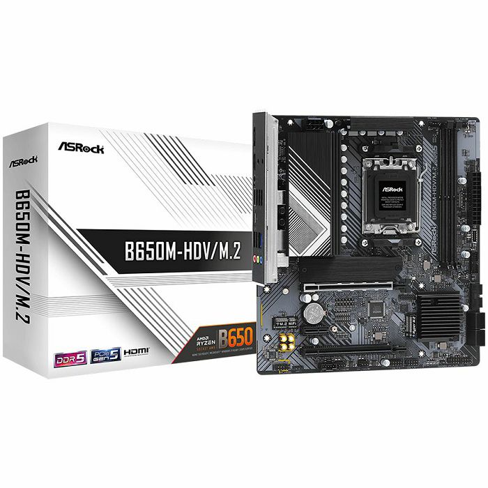ASROCK MB Desktop B650M-HDV/M2, AM5, 2x DDR5, 2x PCIe 4.0 x16, 1x PCIe 4.0 x1, 1x Blazing M.2(PCIe Gen5x4), 1x Hyper M.2(PCIe Gen4x4), 1x M.2, 4x SATA3 6.0 Gb/s, 1x HDMI, 1x DisplayPort, 2.5G LAN, 7x 