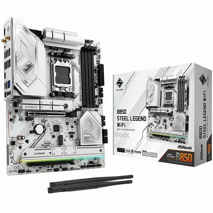 ASROCK MB Desktop B850 STEEL LEGEND WIFI, AM5, 4x DDR5, 1x PCIe 5.0 x16, 1x Blazing M.2(PCIe Gen5x4), 3x Hyper M.2, 4x SATA3, RAID 0, 1, 10, 7.1 CH HD Audio, 1x HDMI, 9x USB 3.2, 8x USB 2.0, 3x USB-C,