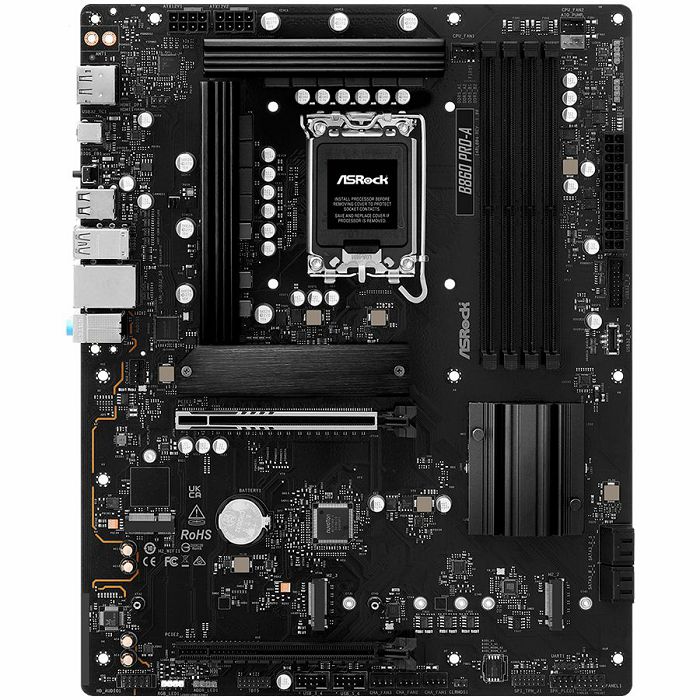 ASROCK MB Desktop B860 PRO-A, S.1851, 4x DDR5, 1x PCIe 5.0 x16, 1x PCIe 4.0 x4, 1x Blazing M.2, 2x Hyper M.2, 4x SATA3, 2x USB-C, 8x USB 3.2, 6x USB 2.0, 1x HDMI, 1x DP, 1x RJ-45 2.5 GB Lan, ATX, 90-M