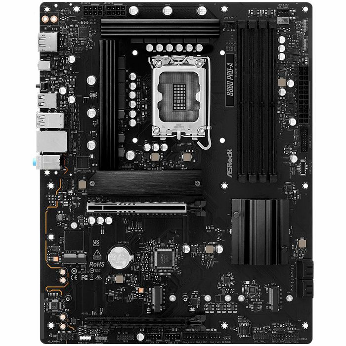 ASROCK MB Desktop B860 PRO-A, S.1851, 4x DDR5, 1x PCIe 5.0 x16, 1x PCIe 4.0 x4, 1x Blazing M.2, 2x Hyper M.2, 4x SATA3, 2x USB-C, 8x USB 3.2, 6x USB 2.0, 1x HDMI, 1x DP, 1x RJ-45 2.5 GB Lan, ATX, 90-M